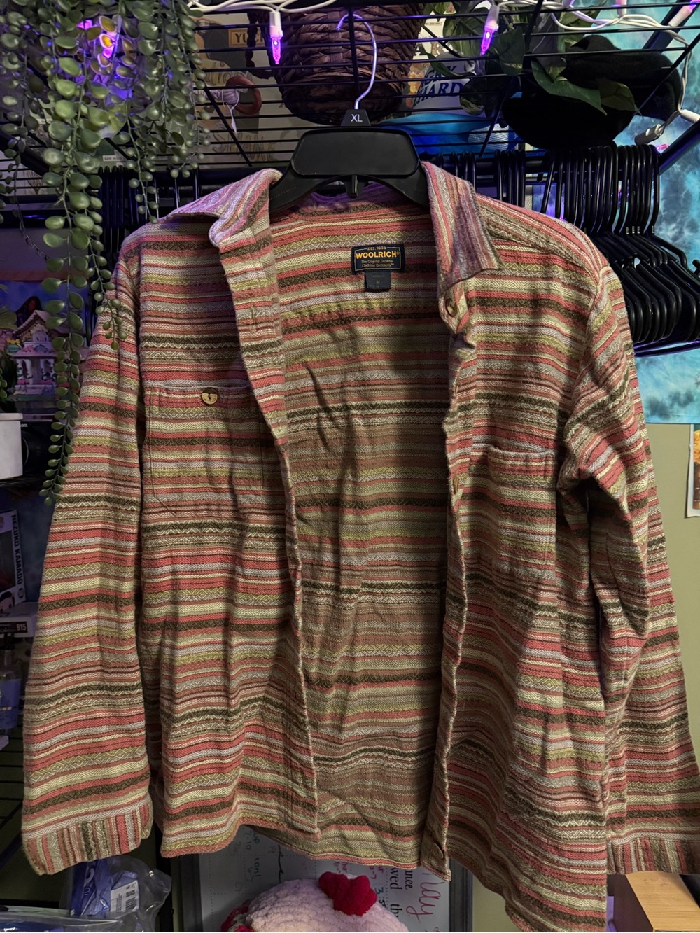 Vintage Woolrich Men's Striped Button-Up Jacket Shirt - Multicolor (Pink/Tan)